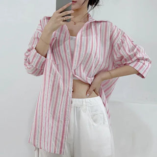 Daily Simple Striped Shirt High Quality Summer Autumn Loose Fit Collared Oversized Striped Casual Chic Summer Shirt