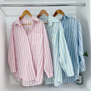 Daily Simple Striped Shirt High Quality Summer Autumn Loose Fit Collared Oversized Striped Casual Chic Summer Shirt