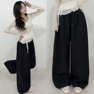 Two-way Elastic Waist, Drawstring Hem, Non-Bleeding Raw Denim Wide Jogger Balloon Fit Denim Pants, Summer, Autumn