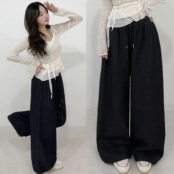 Two-way Elastic Waist, Drawstring Hem, Non-Bleeding Raw Denim Wide Jogger Balloon Fit Denim Pants, Summer, Autumn