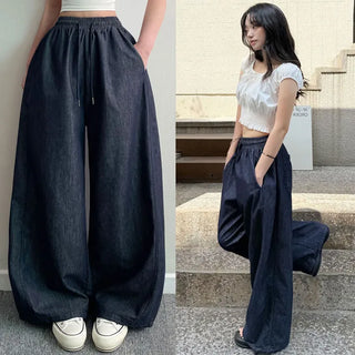 Two-way Elastic Waist, Drawstring Hem, Non-Bleeding Raw Denim Wide Jogger Balloon Fit Denim Pants, Summer, Autumn