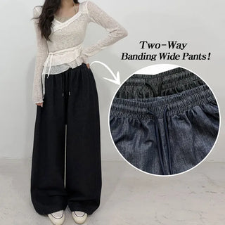 Two-way Elastic Waist, Drawstring Hem, Non-Bleeding Raw Denim Wide Jogger Balloon Fit Denim Pants, Summer, Autumn
