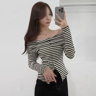 Protective Instinct Daily Plain Off-Shoulder Delicate Slim Striped Skinny Fit Long Sleeve Slit Glam Autumn Transitional Delicate Fit Off-Shoulder T-shirt
