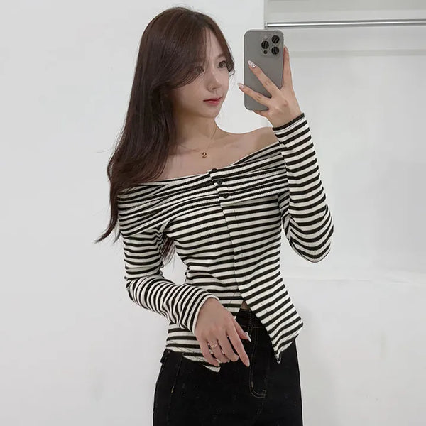 Protective Instinct Daily Plain Off-Shoulder Delicate Slim Striped Skinny Fit Long Sleeve Slit Glam Autumn Transitional Delicate Fit Off-Shoulder T-shirt