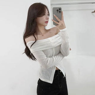 Protective Instinct Daily Plain Off-Shoulder Delicate Slim Striped Skinny Fit Long Sleeve Slit Glam Autumn Transitional Delicate Fit Off-Shoulder T-shirt