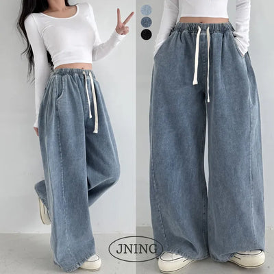 Autumn Elastic Waist High-Waist Lower Body Cover Pintuck Wide Washed Denim Pants Vintage Washed Side Pintuck Long Low Wide Cotton Pants Jeans