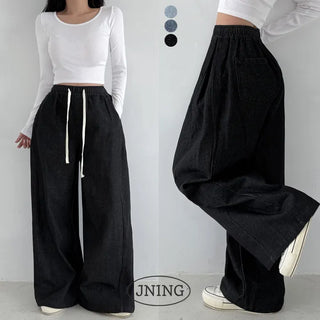 Autumn Elastic Waist High-Waist Lower Body Cover Pintuck Wide Washed Denim Pants Vintage Washed Side Pintuck Long Low Wide Cotton Pants Jeans