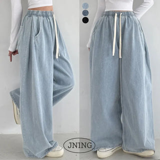 Autumn Elastic Waist High-Waist Lower Body Cover Pintuck Wide Washed Denim Pants Vintage Washed Side Pintuck Long Low Wide Cotton Pants Jeans