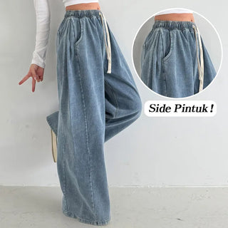 Autumn Elastic Waist High-Waist Lower Body Cover Pintuck Wide Washed Denim Pants Vintage Washed Side Pintuck Long Low Wide Cotton Pants Jeans