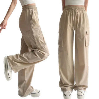 Summer Nylon High-Waisted Elastic Cargo Wide Pants Rustling Daily Pants
