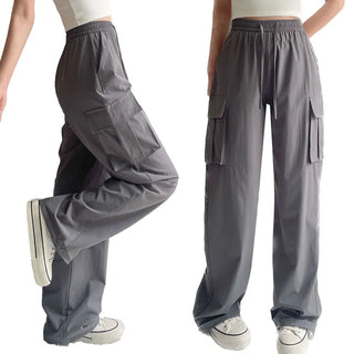 Summer Nylon High-Waisted Elastic Cargo Wide Pants Rustling Daily Pants