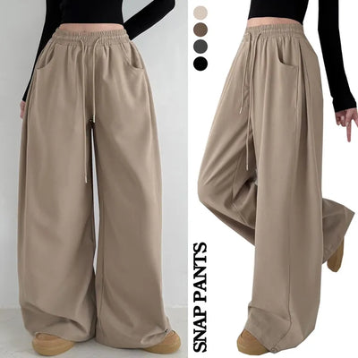 High-waist Elastic Waist Side Pintucks Hem Button Buttons Wide Pants Lower Body Cover New Autumn Pants