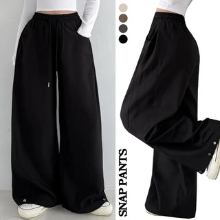 High-waist Elastic Waist Side Pintucks Hem Button Buttons Wide Pants Lower Body Cover New Autumn Pants