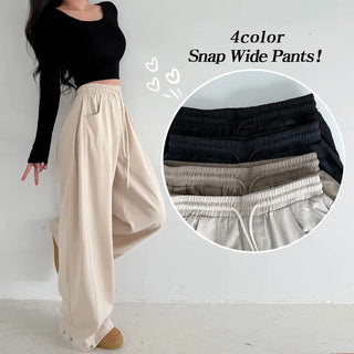 High-waist Elastic Waist Side Pintucks Hem Button Buttons Wide Pants Lower Body Cover New Autumn Pants
