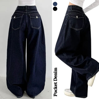 Spring Arrival Autumn Balloon Fit High-Waisted Long Wide Daily Denim Pants Raw Denim Hip Cover Pants All Seasons Transitional Jeans