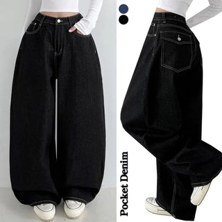 Spring Arrival Autumn Balloon Fit High-Waisted Long Wide Daily Denim Pants Raw Denim Hip Cover Pants All Seasons Transitional Jeans
