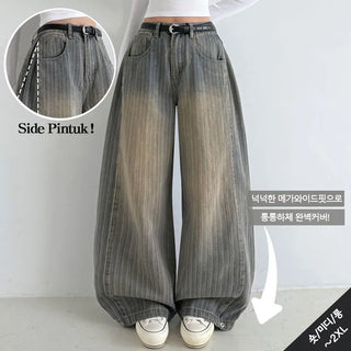 Pintuck Vertical Stripe Snap Wide Denim Pants Side Pintuck Pants Snap Button Two-way Balloon Fit Wash Jeans