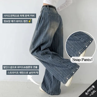 Pintuck Vertical Stripe Snap Wide Denim Pants Side Pintuck Pants Snap Button Two-way Balloon Fit Wash Jeans