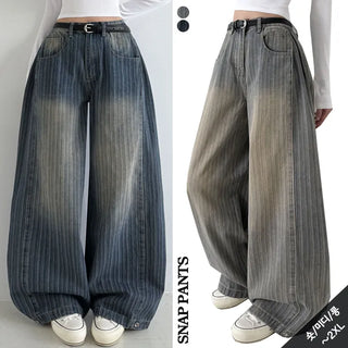 Pintuck Vertical Stripe Snap Wide Denim Pants Side Pintuck Pants Snap Button Two-way Balloon Fit Wash Jeans