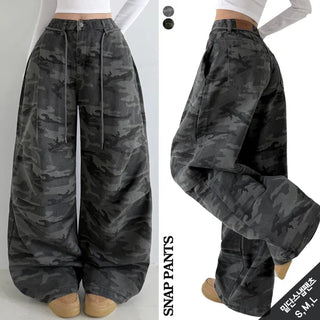 Camo Knee Pintuck Snap Pants High-Waisted Cargo Wide Balloon Fit Two-Way Cotton Wide Pants Lower Body Cover All Seasons Transitional Wide Pants