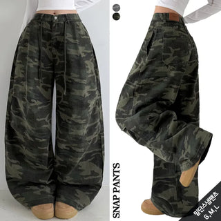 Camo Knee Pintuck Snap Pants High-Waisted Cargo Wide Balloon Fit Two-Way Cotton Wide Pants Lower Body Cover All Seasons Transitional Wide Pants