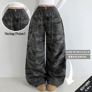 Camo Knee Pintuck Snap Pants High-Waisted Cargo Wide Balloon Fit Two-Way Cotton Wide Pants Lower Body Cover All Seasons Transitional Wide Pants