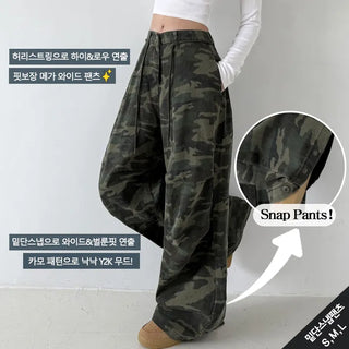 Camo Knee Pintuck Snap Pants High-Waisted Cargo Wide Balloon Fit Two-Way Cotton Wide Pants Lower Body Cover All Seasons Transitional Wide Pants