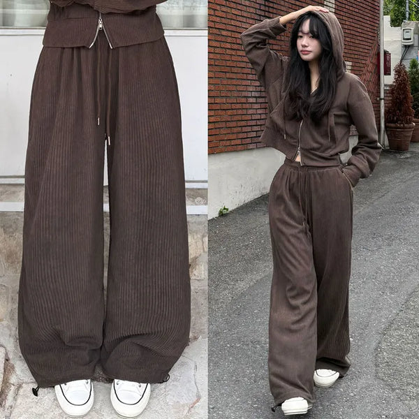 Autumn Corduroy Two-way Zip-up Hoodie & Wide Pants Set High-waisted Elastic Waist Training Setup Hoodie Drawstring Corduroy Balloon Fit Transitional Pants