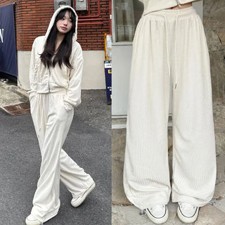 Autumn Corduroy Two-way Zip-up Hoodie & Wide Pants Set High-waisted Elastic Waist Training Setup Hoodie Drawstring Corduroy Balloon Fit Transitional Pants