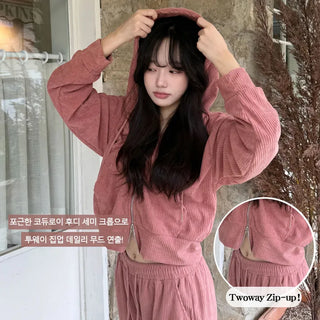 Autumn Corduroy Two-way Zip-up Hoodie & Wide Pants Set High-waisted Elastic Waist Training Setup Hoodie Drawstring Corduroy Balloon Fit Transitional Pants