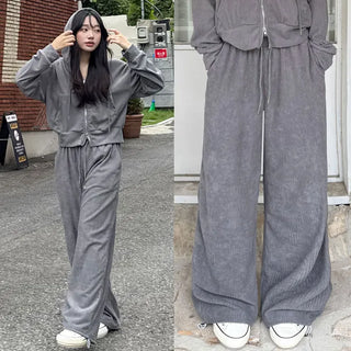 Autumn Corduroy Two-way Zip-up Hoodie & Wide Pants Set High-waisted Elastic Waist Training Setup Hoodie Drawstring Corduroy Balloon Fit Transitional Pants