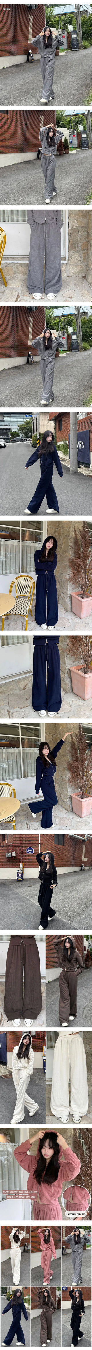 Autumn Corduroy Two-way Zip-up Hoodie & Wide Pants Set High-waisted Elastic Waist Training Setup Hoodie Drawstring Corduroy Balloon Fit Transitional Pants
