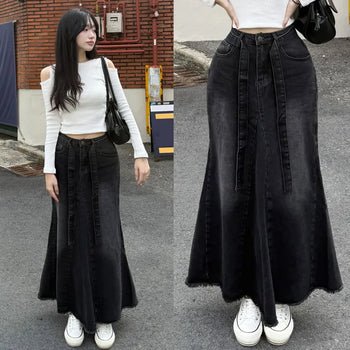 Cut-out Denim Skirt A-line Flare Medium Blue Dark Blue Washed Long Skirt Lower Body Covering String Maxi Long Cotton Pleated Cotton Skirt