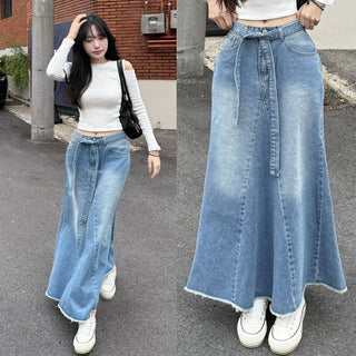 Cut-out Denim Skirt A-line Flare Medium Blue Dark Blue Washed Long Skirt Lower Body Covering String Maxi Long Cotton Pleated Cotton Skirt