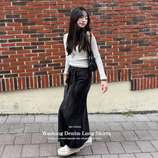 Cut-out Denim Skirt A-line Flare Medium Blue Dark Blue Washed Long Skirt Lower Body Covering String Maxi Long Cotton Pleated Cotton Skirt