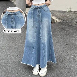 Cut-out Denim Skirt A-line Flare Medium Blue Dark Blue Washed Long Skirt Lower Body Covering String Maxi Long Cotton Pleated Cotton Skirt