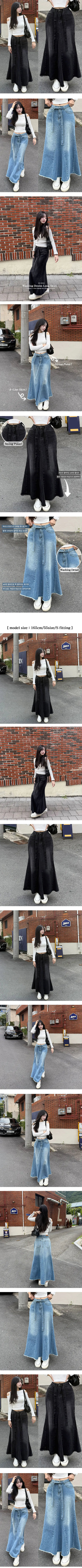 Cut-out Denim Skirt A-line Flare Medium Blue Dark Blue Washed Long Skirt Lower Body Covering String Maxi Long Cotton Pleated Cotton Skirt
