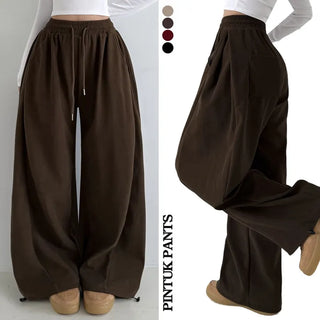 Side Pintuck  Pintuck Wide Pants High-waisted Long Lower Body Cover Hips Balloon Fit Pants