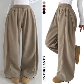 Side Pintuck  Pintuck Wide Pants High-waisted Long Lower Body Cover Hips Balloon Fit Pants