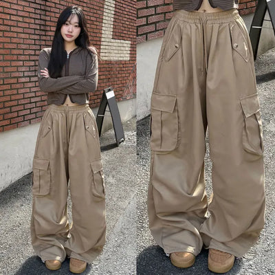 Cargo Pintuck Knee Pintuck String Wide Hip Cargo Pants High-Waist Elastic Waist Lower Body Cover Balloon Fit Long Wide Pants Pocket Transitional Pants