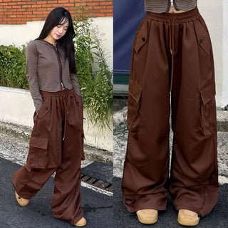Cargo Pintuck Knee Pintuck String Wide Hip Cargo Pants High-Waist Elastic Waist Lower Body Cover Balloon Fit Long Wide Pants Pocket Transitional Pants