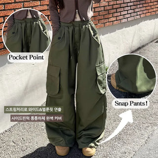 Cargo Pintuck Knee Pintuck String Wide Hip Cargo Pants High-Waist Elastic Waist Lower Body Cover Balloon Fit Long Wide Pants Pocket Transitional Pants