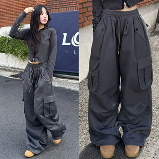 Cargo Pintuck Knee Pintuck String Wide Hip Cargo Pants High-Waist Elastic Waist Lower Body Cover Balloon Fit Long Wide Pants Pocket Transitional Pants
