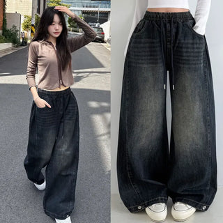 Side Pintuck New Autumn High-Waisted Lower Body Cover Elastic Waist Washed Wide Pants Side Snap Cotton Pintuck Pants Petite Vintage Jeans