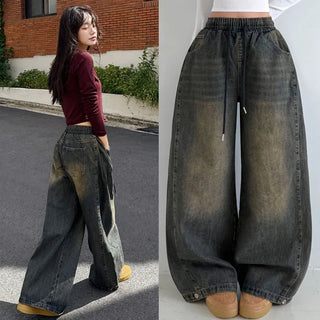 Side Pintuck New Autumn High-Waisted Lower Body Cover Elastic Waist Washed Wide Pants Side Snap Cotton Pintuck Pants Petite Vintage Jeans