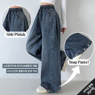 Side Pintuck New Autumn High-Waisted Lower Body Cover Elastic Waist Washed Wide Pants Side Snap Cotton Pintuck Pants Petite Vintage Jeans