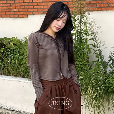 Two-way Striped Zip-up Autumn Cropped Striped Zipper Vintage Color Block Delicate Hoodie Stretch Casual Striped Slim Long Sleeve T-shirt Top