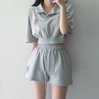 Teen Crop Short Sleeve Collared High-Waisted Elastic Shorts Training Set