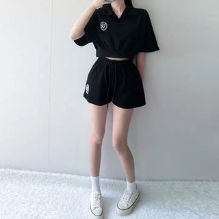 Teen Crop Short Sleeve Collared High-Waisted Elastic Shorts Training Set