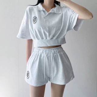 Teen Crop Short Sleeve Collared High-Waisted Elastic Shorts Training Set